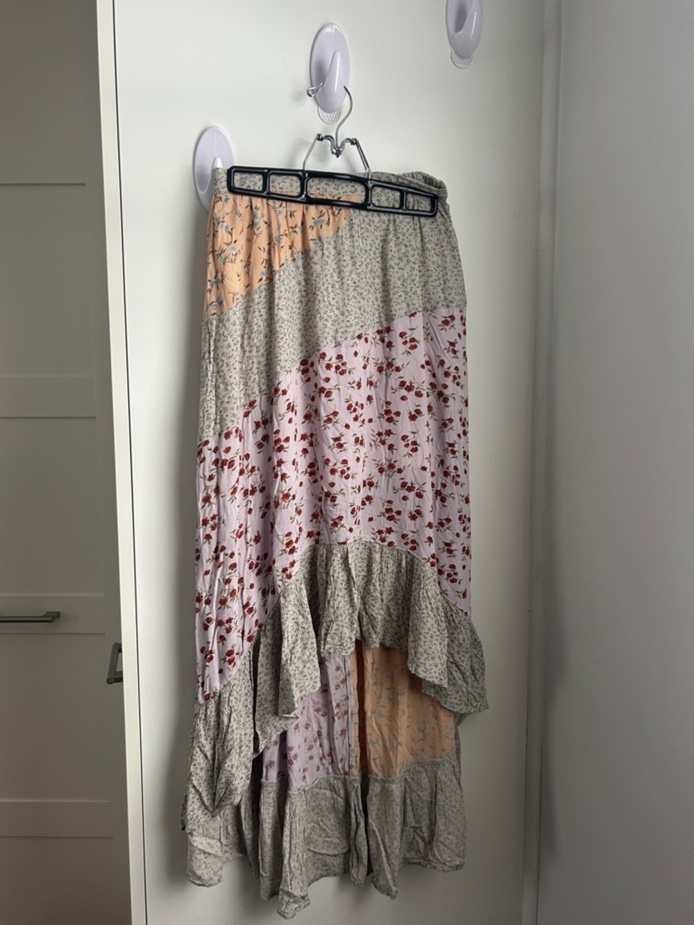 Boho Patchwork Tiered Maxi Skirt - Floral Mix (Pink, Peach, Cream)
